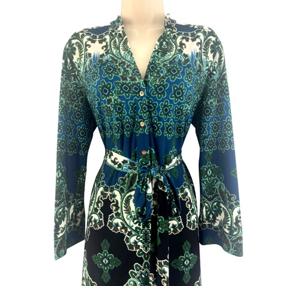 DM Collection Teal Green Print Shirt Dress with Tie Size 14 Career Office Classy - Picture 2 of 6